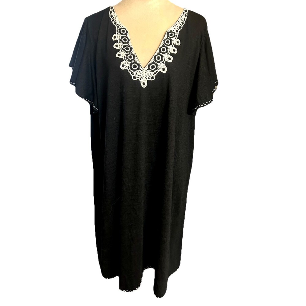 Max Studio Dress Womens 3X Embroidered Black V Neck Flutter Sleeve Shift Gauzy